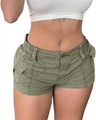 Detail of army green cargo shorts featuring elastic waist and large side pockets - S / Green