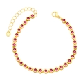 Detail of gold chain bracelet with red round gemstones and heart pendant clasp - Rose Red
