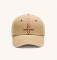 Distressed khaki baseball cap with brown plush cross embroidery and frayed details - Latte