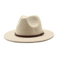 Detail of beige wool fedora hat with a slim dark brown leather belt and fine stitching - M (56-58cm) / Beige