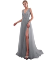 Silver grey evening gown featuring deep V-neck, sleeveless sequins, and high slit hem - Gray