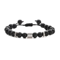 Detail of adjustable braided cord bracelet with black lava rock beads and steel accents - Volcano