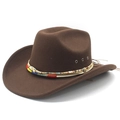 Detail view of brown felt cowboy hat featuring metal eyelets and a colorful beaded band - M (56-58cm) / Brown