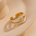 Double-layered gold open ring featuring wavy design and white marble enamel inlay - Double Layer Wave Style (WG-1085)