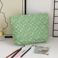 Detail of light green floral quilted makeup bag with pink flowers and a smooth zipper - Green Floral