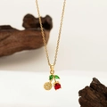 Golden cherry pendant necklace with red faceted gems and green leaf accents - Zirconia Cherry Necklace Gold