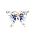Gros plan détaillé d'une broche papillon en métal doré, émail bleu et cristaux brillants - Papillon Bleu Blanc (C1647-2)