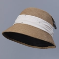 Detail of elegant straw sun hat with rhinestone ribbon and black inner lining - M (56-58cm) / White