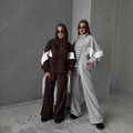 Tuta in pile con top a mezza zip marrone scuro e grigio chiaro e pantaloni a gamba larga - S / Marrone