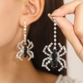 Gothic silver spider drop earrings with black teardrop stones and sparkling crystals - Silver Black Style (White K 11725)