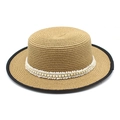 Detail of flat top straw boater hat with white lace trim and faux pearl embellishments - Khaki Lace Pearl Style