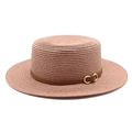 Détail d'un chapeau de paille rose avec bande en cuir brun et boucle mors dorée - M (56-58cm) / Vieux rose