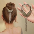 Pinza per capelli con ali d'angelo argento con lunghe nappe di catena e strass - Nero