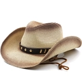 Vintage western gradient straw cowboy hat with studded leather band and chin strap - M (56-58cm) / Beige Coffee Gradient