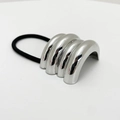 Detail of silver metallic shell hair tie with high-elasticity black rubber band - Four-section Spliced / Silver
