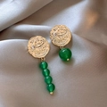 Asymmetric long tassel earrings with gold irregular discs and emerald green beads - Asymmetric Disc (190#)