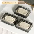 Set of 3 obsidian black waterproof travel soap boxes with draining tray and airtight lids - Double Layer Sealed / Obsidian Black