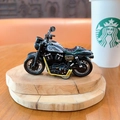Detailed miniature black alloy pull-back motorcycle toy with gold exhaust on wood stand - Pullback Motorcycles - Green