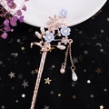 Golden flower hair pin with blue petals, pearls, and elegant tassels in vintage style - Gold Blue Flower Pearl Tassel (FZ052)