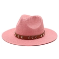 Detail of pink straw cowboy hat featuring brown leather band and silver metal studs - M (56-58cm) / Dusky Pink