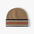Classic camel wool knit beanie with vintage black, white, and red striped cuff - One Size / Khaki