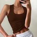 Women's slim fit ribbed knit U-neck sleeveless yoga tank top in solid brown - S / Brown