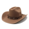 Camel western cowboy wool felt hat featuring a vintage ethnic woven band with metal coins - M(56-58cm) / Khaki