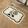 Irregular wavy cream bath mat with black rose pattern in plush fleece material - Floral Pattern-White