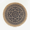 Round woven jute place mat with dark blue mandala pattern and fringed tassels - Natural Tassel Black Mandala Style 1