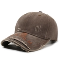 Coffee brown vintage washed baseball cap with Rock Palm orange embroidery and distressed holes - Adjustable / Coffee
