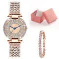Luxury rose gold women's quartz watch and heart bracelet set with sparkling rhinestones - Rose Gold + Bracelet + Box
