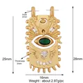 Vintage gold evil eye charm with green stone and radial tassels, dimensions shown - Hollow Shield Evil Eye / Violet