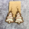Christmas tree wooden earrings with red stripes and green polka dots on buffalo plaid background - White with Red and Green Polka Dots