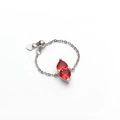 Adjustable silver chain ring featuring dual red heart crystals and sliding ball closure - White Gold Red Zirconia