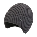 Dark gray knitted earflap hat with thick ribbed texture and silver metal logo tag - Light Gray