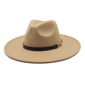 Detailed macro view of khaki wool fedora hat with black belt and gold buckle accent - Adult 56-59cm / Camel