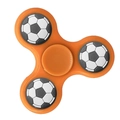 Orange fidget spinner toy featuring three black and white football print ends - Classic Orange Soccer Pattern