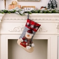 Gray and red plaid Christmas stocking featuring a 3D snowman doll on a festive mantel - Grey Snowman