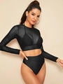 Conjunto de bikini negro de 3 piezas con top de malla de manga larga y talle alto - S / Negro