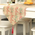 Christmas linen table runner with red Noel print, green trees and red tassels - Beige Noel Letters