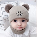 Light coffee baby winter knit hat and scarf set with dual pom-poms and smiley face embroidery - One Size / Smiley Style / Khaki