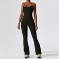 Conjunto de yoga negro para mujer con top de tirantes y mallas deportivas de talle alto acampanadas - S / Chaleco + Pantalones de Campana / Negro