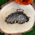 Macro detail of tiger eye stone butterfly hair claw on a rustic wood slice background - Tiger Eye Silver Butterfly
