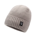 Oatmeal knit beanie with NY&JA brand patch and fine ribbed texture for winter warmth - One Size / Khaki