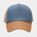 Detail of breathable mesh panel and precise stitching on a color-block trucker hat - Blue with Camel Brim
