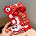 Set of 8 festive red hair clips for girls featuring embroidery and bunny patterns - Red Sunflower Bow Hair Clip 9-Piece Set