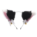 Detail of plush black and white cat ears with pink inner fur, white bows and gold bells - Black White Pink Inner White Bow