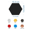 Detailed size chart and multi-color options for hexagonal acrylic mirror wall stickers - Silver-12Pcs-XL: 15cm