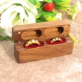 Double slot walnut wood ring box with red velvet lining for wedding bands - 4 Magnets Long Strip / Wine Red (Folded Lining)