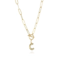Detail of gold paperclip chain necklace with a large C letter pendant and OT toggle clasp - Letter C